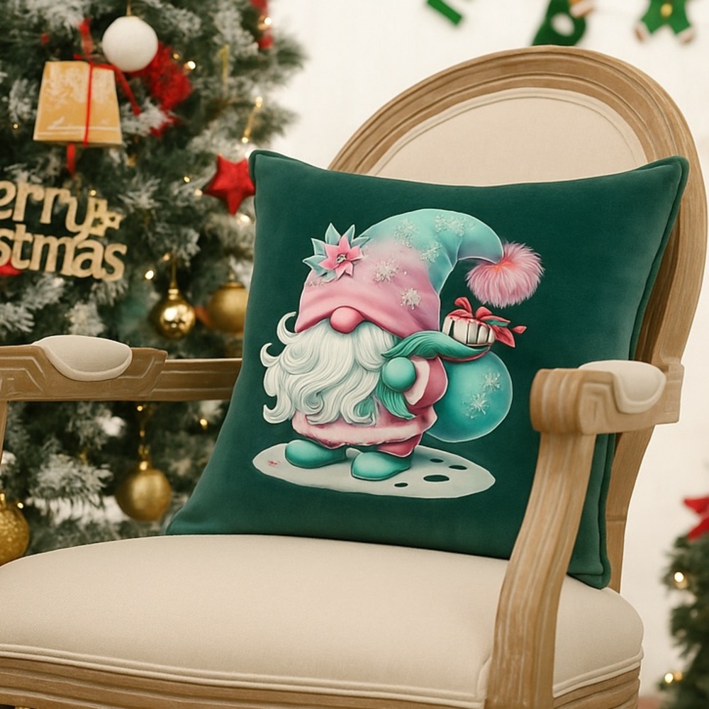 Christmas Gnome Velvet Throw Pillow | Festive Glam Home Decor Gift, Cozy Holiday